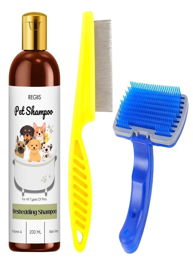 Regiis Pet Deshedding Shampoo with Vitamin A, Aloe Vera, 200ml, Grooming Brush Set, Blue Yellow Combs for Dogs, All Pet Types(Pack of 3) - Image 1